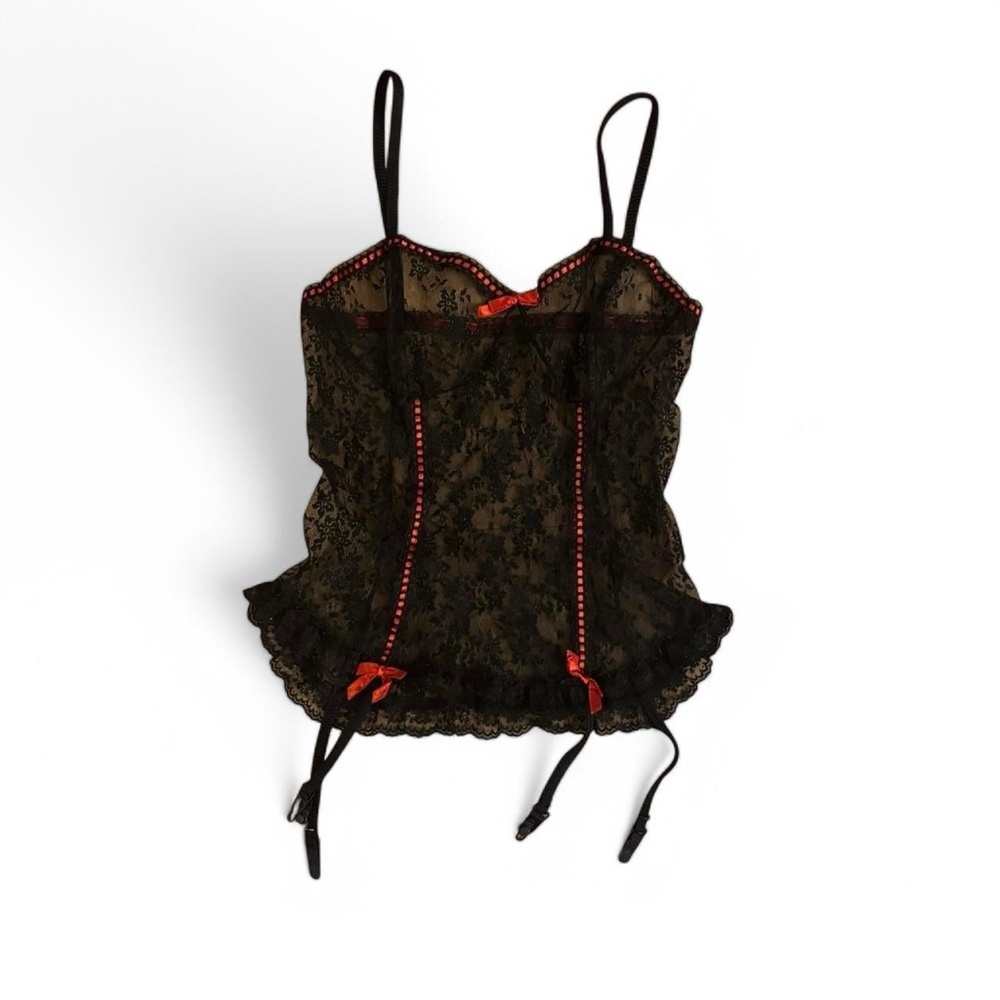 Red Ribbon & Black Lace Corset Lingerie Style Garter Top
